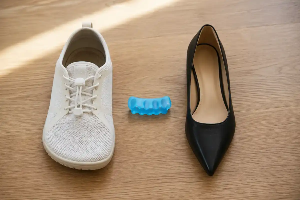 A wide-toe-box shoe and a narrow pointed dress shoe side by side, a blue gel spacer between them