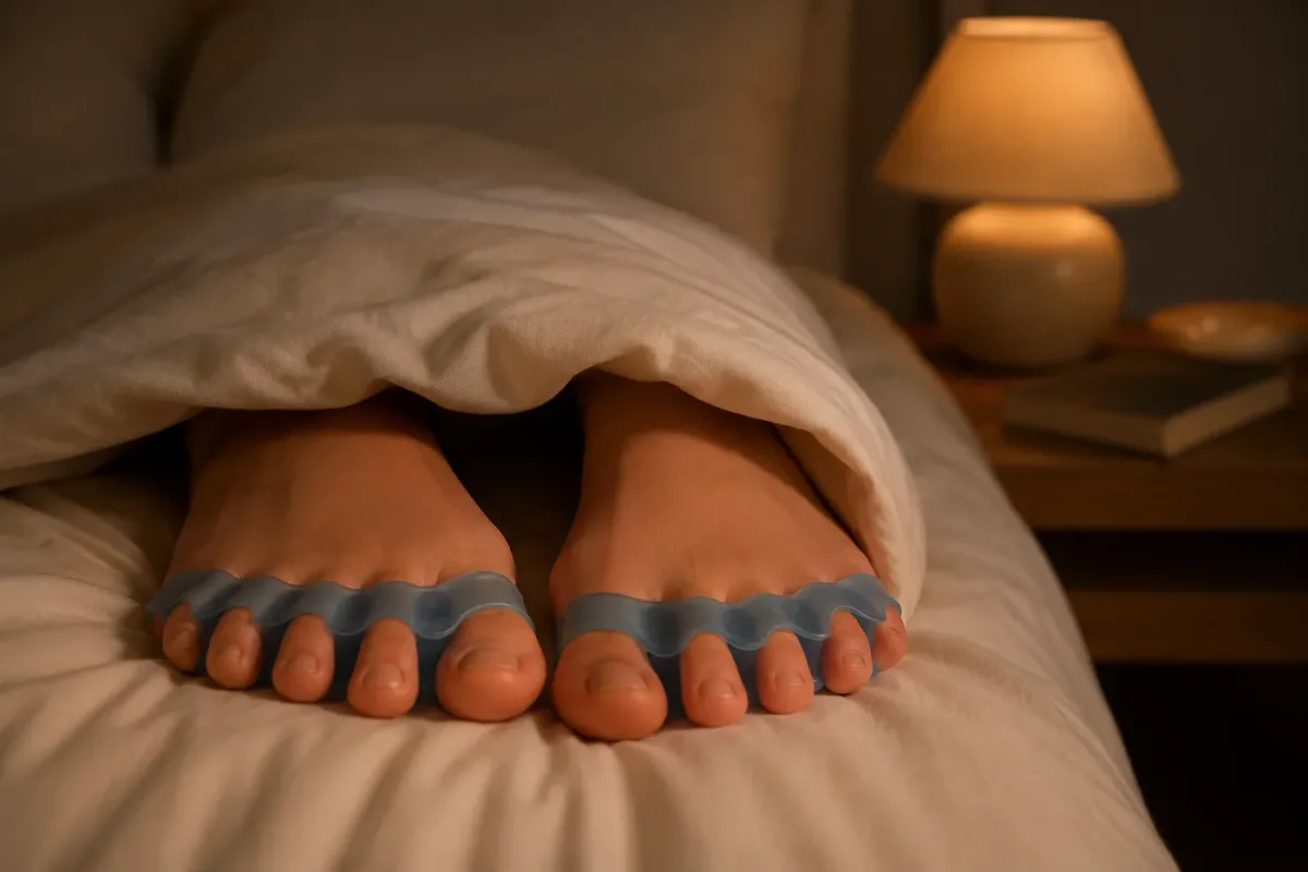 Bare feet wearing blue five-toe gel spacers peeking from cream sheets, lit by a bedside lamp