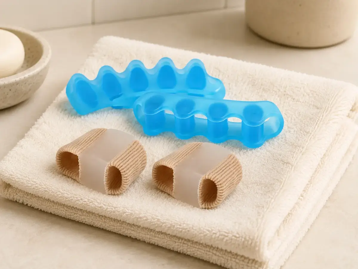 A pair of blue gel toe spacers and two beige fabric tubes drying on a folded cream towel beside a soap dish