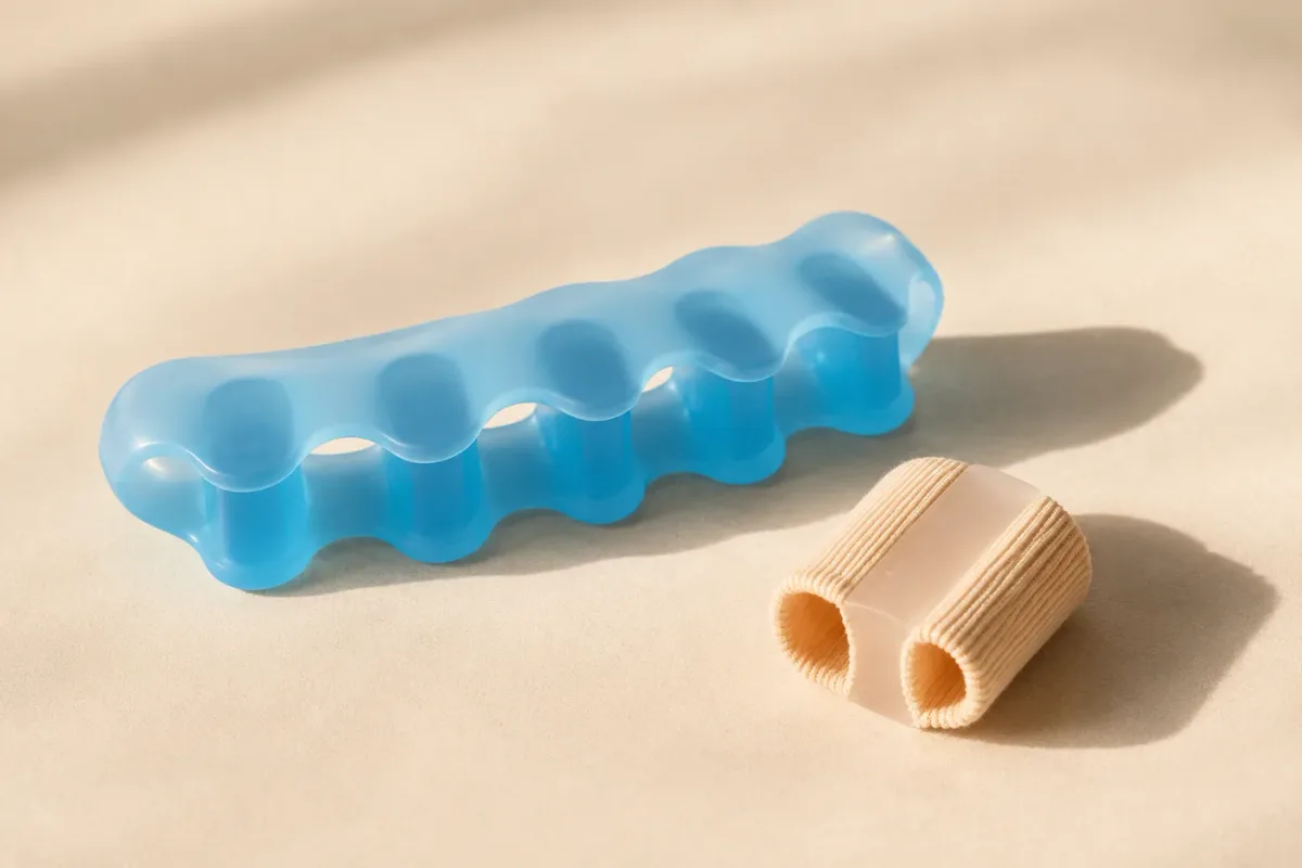 A blue five-toe gel spacer on the left and a beige fabric separator tube on the right