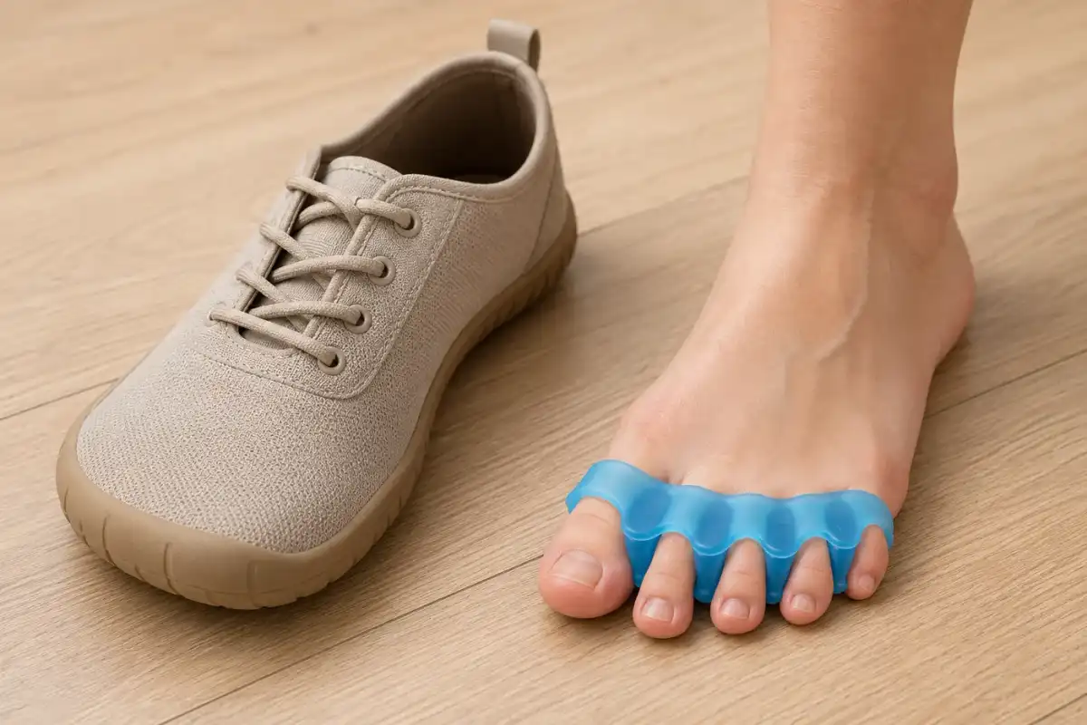 A beige wide-toe-box lace-up shoe on a wooden floor next to a bare foot wearing a blue five-toe gel spacer