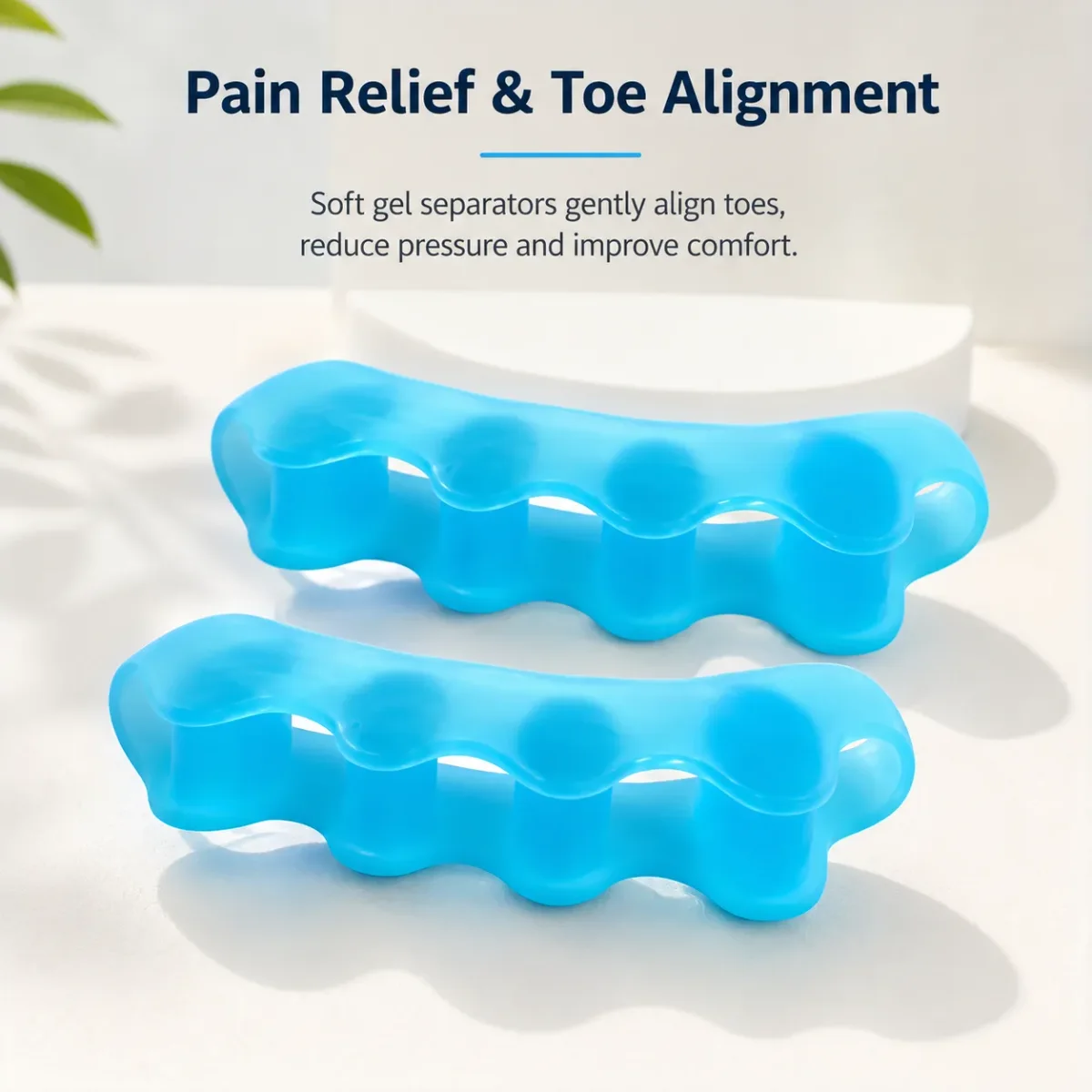 Blue gel toe spacers presented with their pressure-relief and alignment features