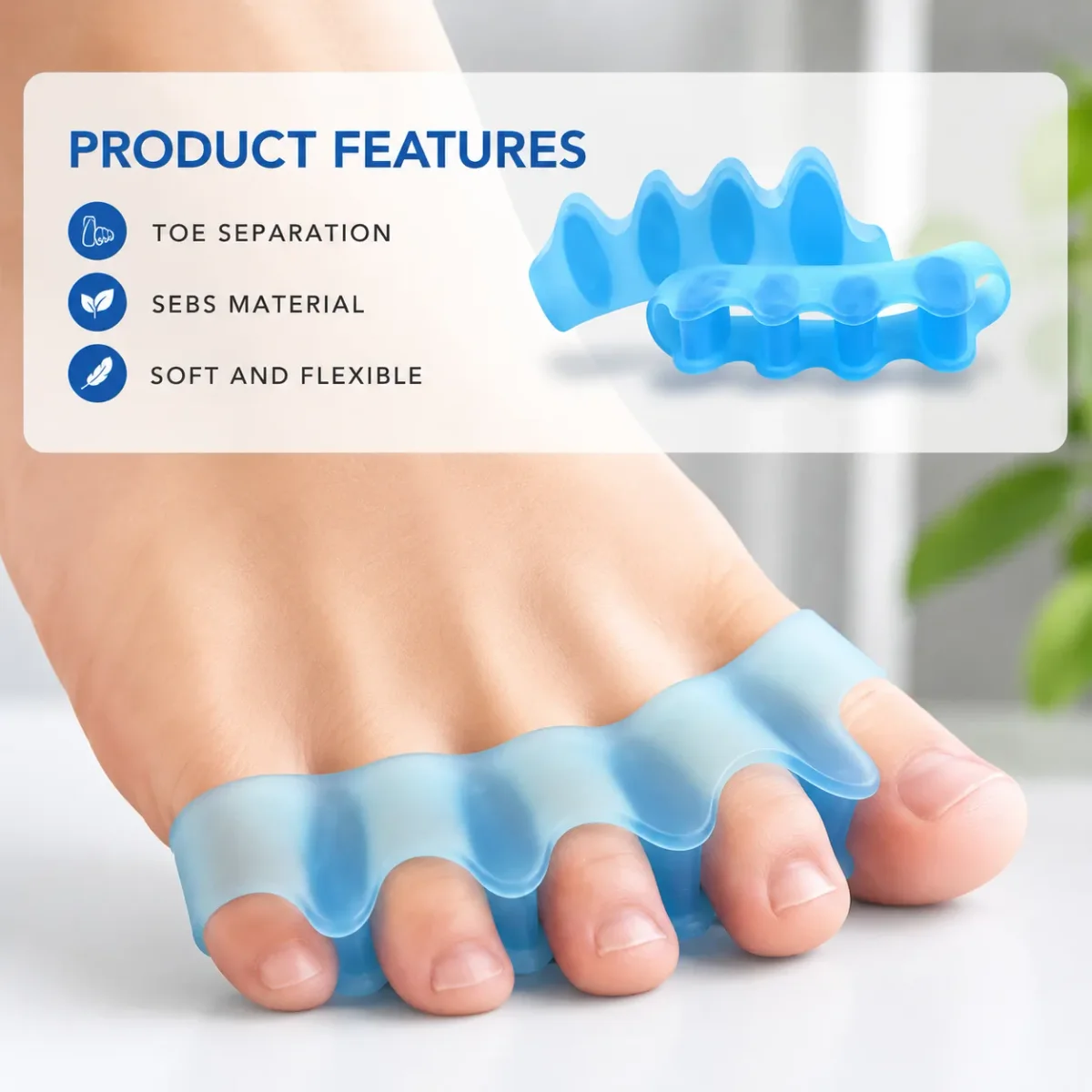 Close-up of a foot wearing the blue gel spacer alongside its SEBS material features