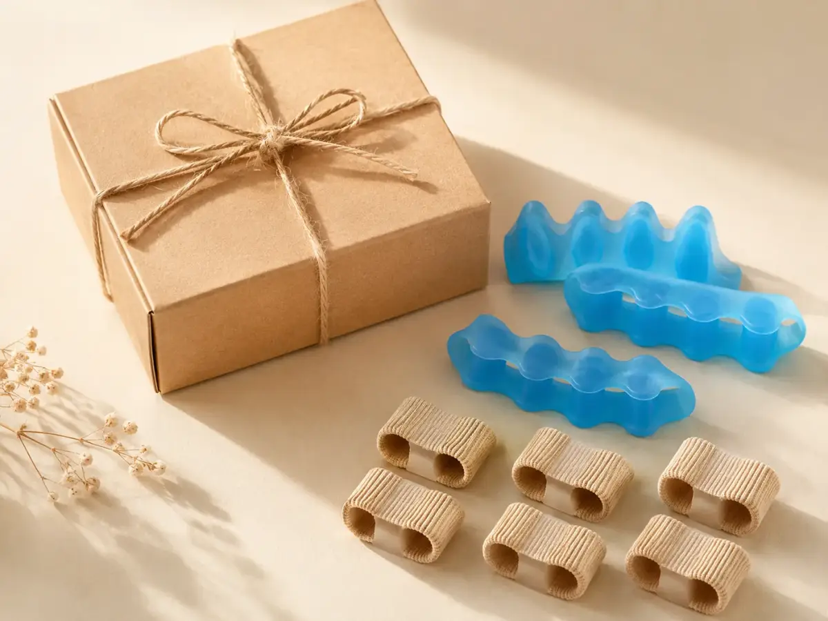 A plain kraft gift box tied with cotton twine beside blue gel spacers and beige separator tubes