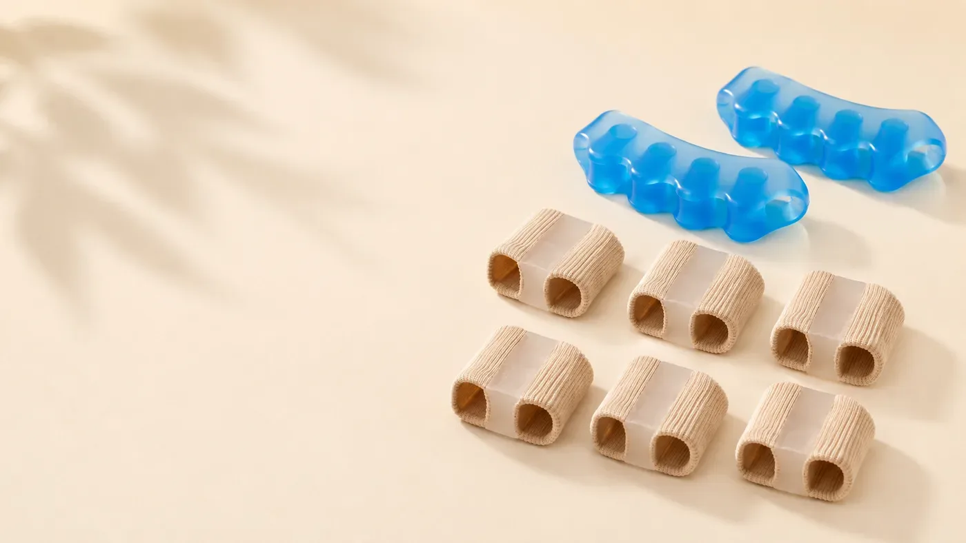 A pair of blue five-toe gel spacers beside six beige fabric separator tubes on a cream background