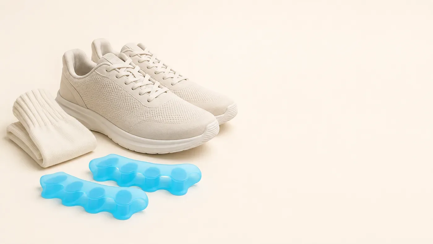 A pair of blue five-toe gel spacers beside folded socks and a plain unbranded trainer