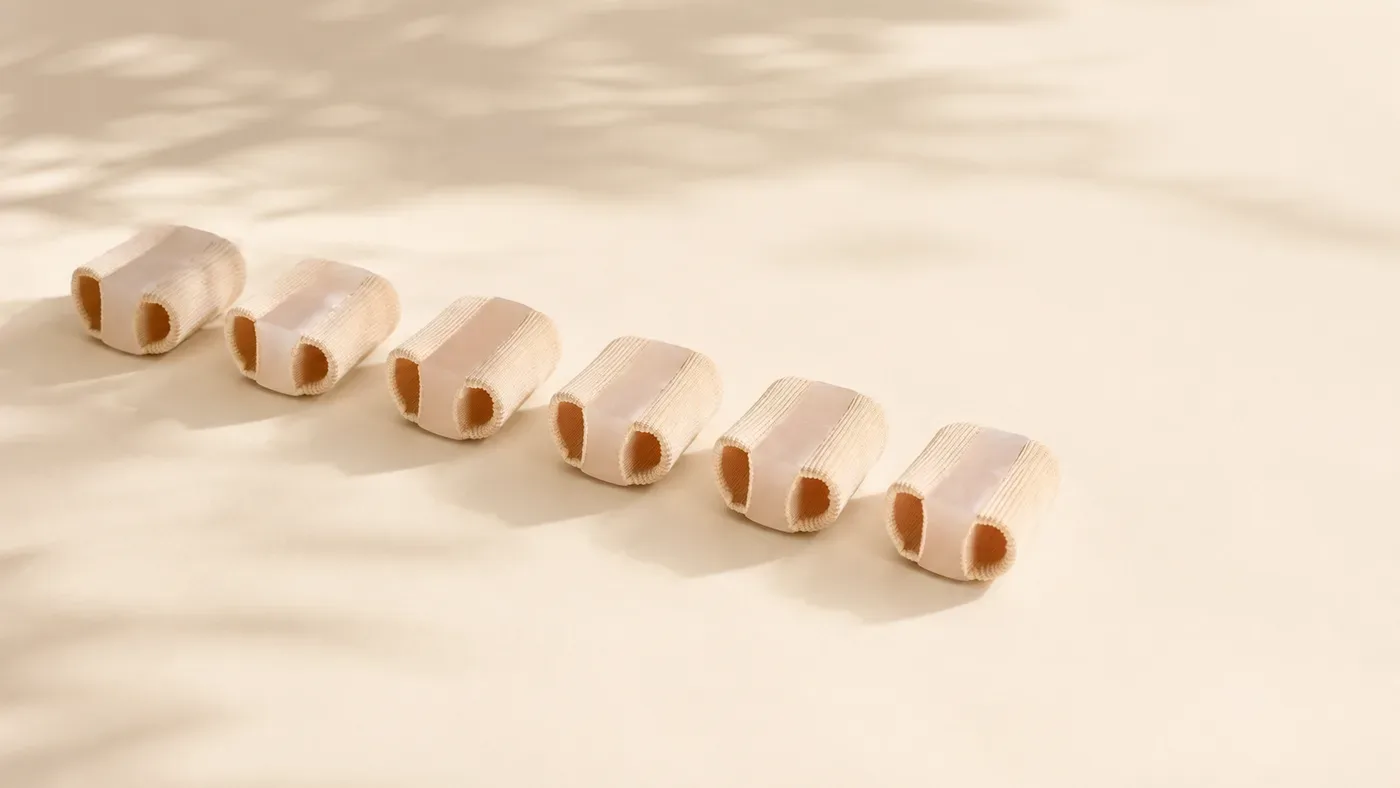 Beige ribbed-fabric separator tubes arranged in a row on a warm cream surface