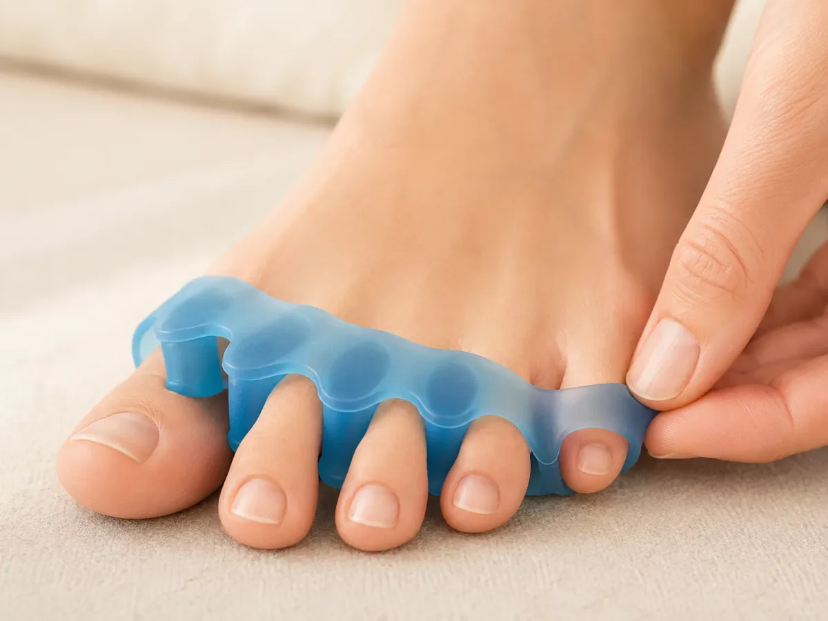 Fingers guiding the little toe into the last loop of a blue five-toe gel spacer