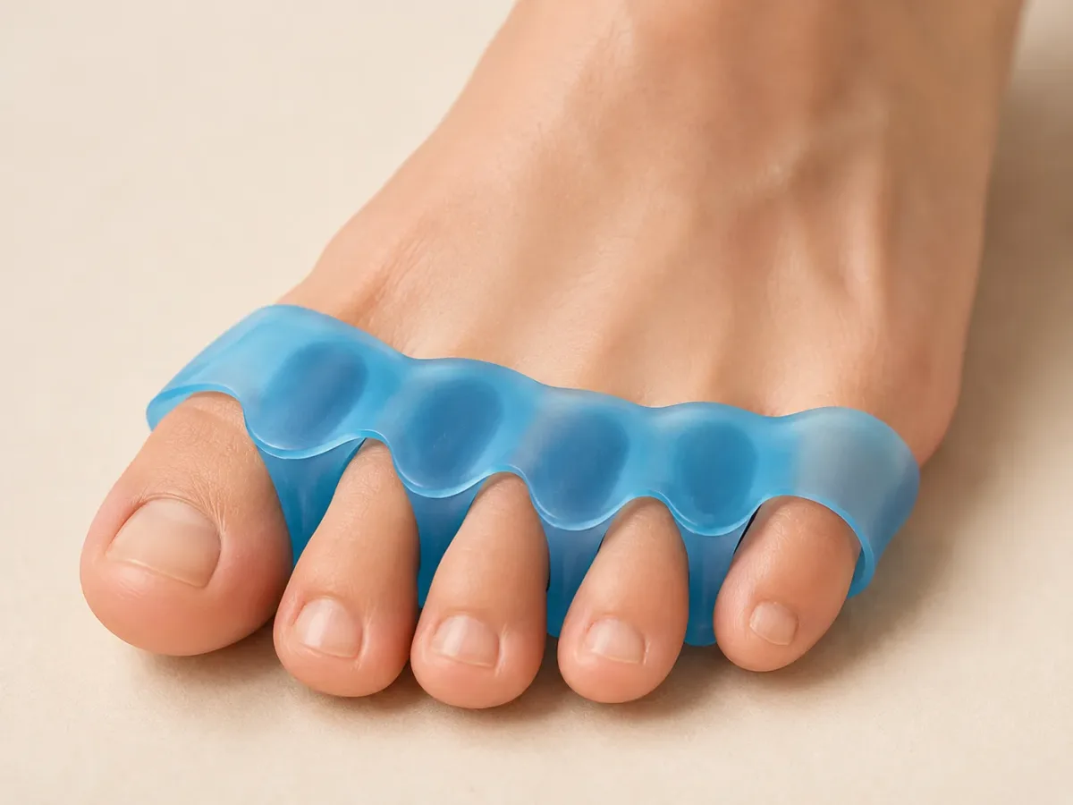 One bare foot with a blue five-toe gel spacer fully fitted, toes evenly spread