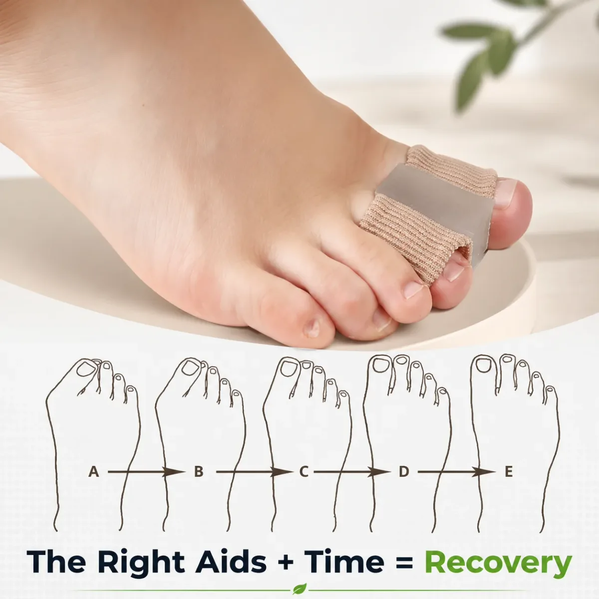 A beige separator tube worn on the big toe, shown with a toe-spacing progression diagram