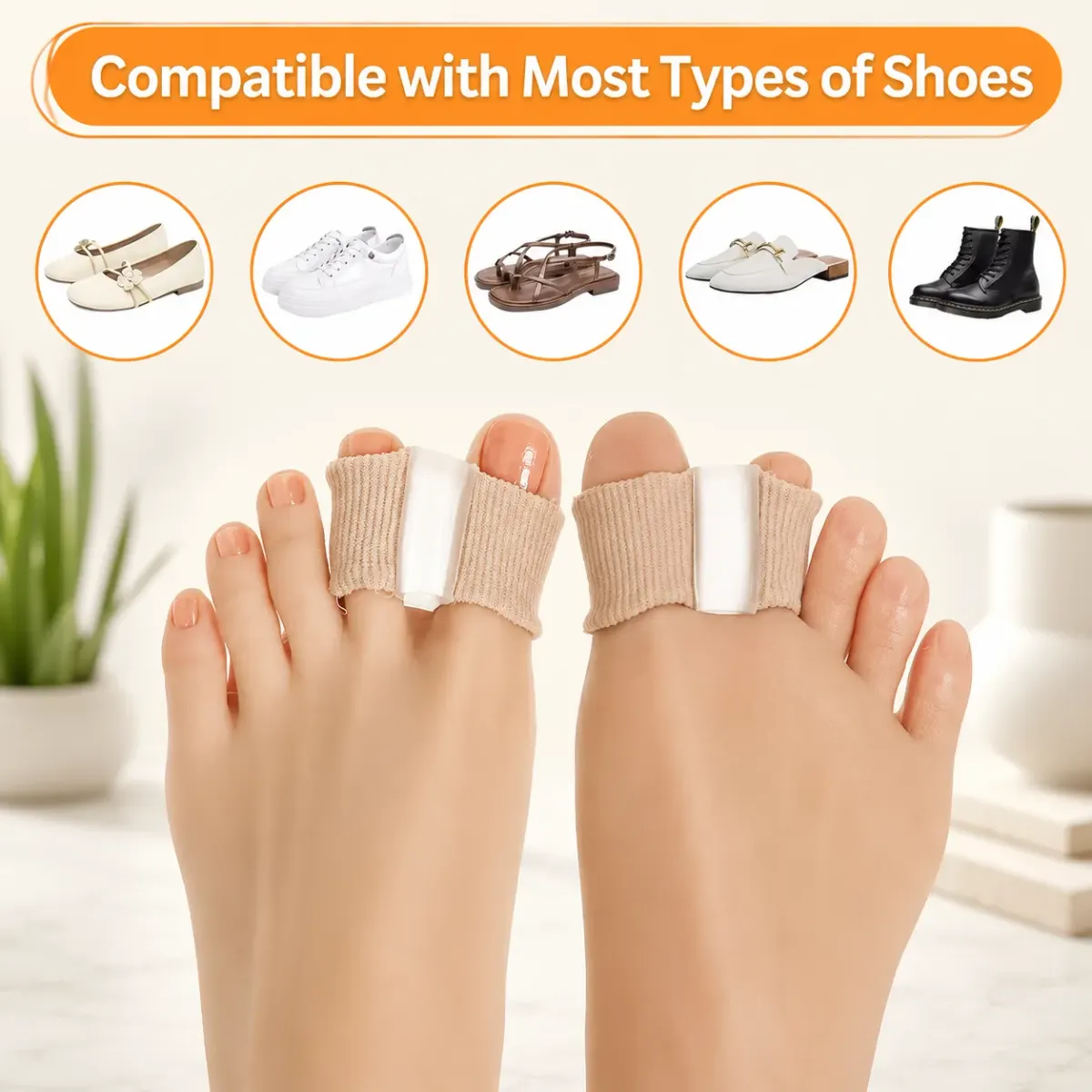 Separator tubes worn on both feet, shown as compatible with most types of shoes