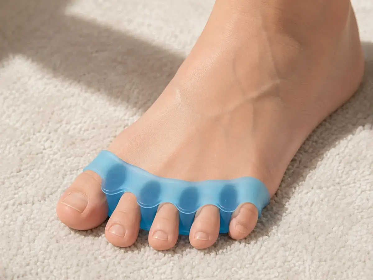 Close-up of a bare foot wearing a blue five-toe gel spacer, all four toe gaps evenly separated