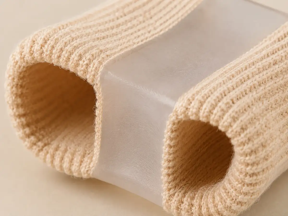 Extreme close-up of the ribbed knitted fabric sleeve and the gel core of a separator tube