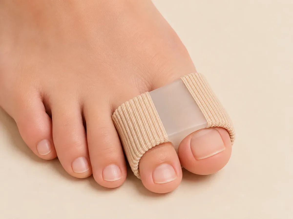 Close-up of a beige fabric separator tube fitted between two toes