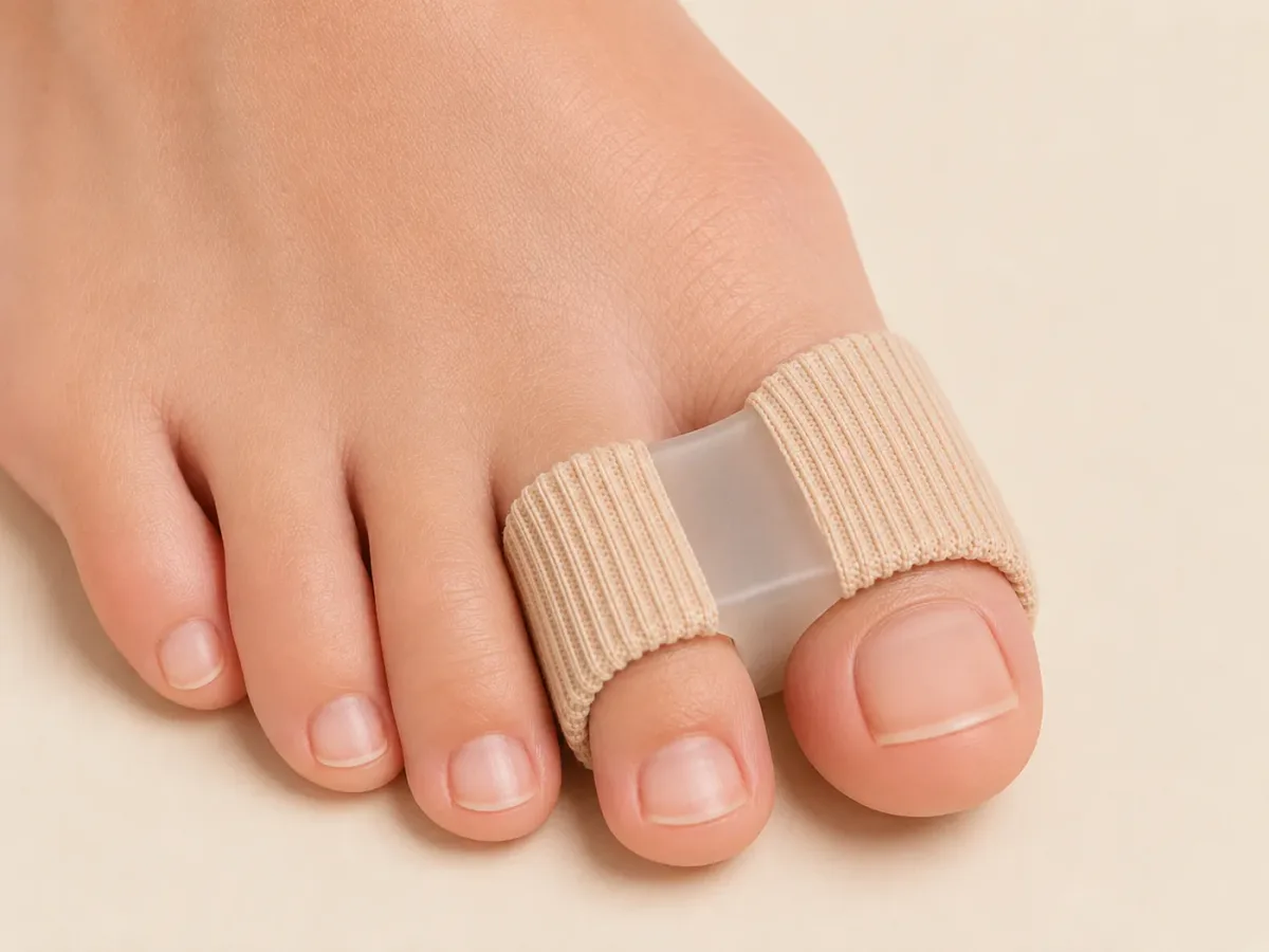 Close-up of a beige fabric gel tube worn on a big toe