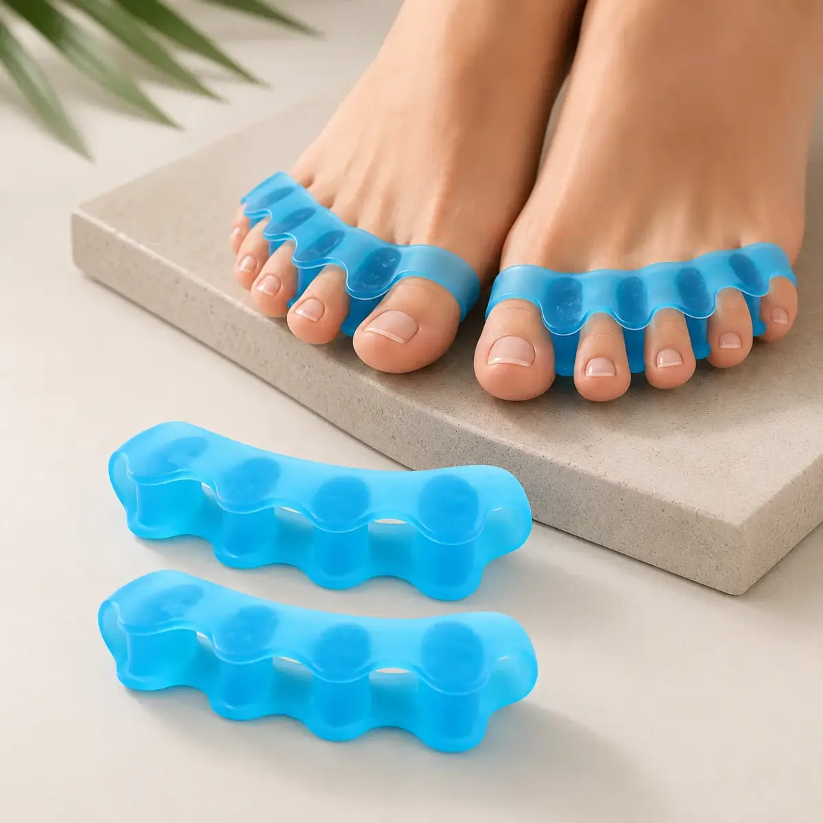 Gel toe spacers worn, with a spare pair beside them