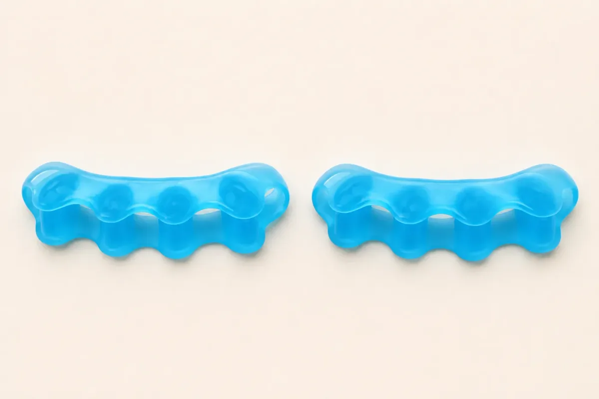 Top-down view of a pair of blue translucent five-toe gel spacers side by side