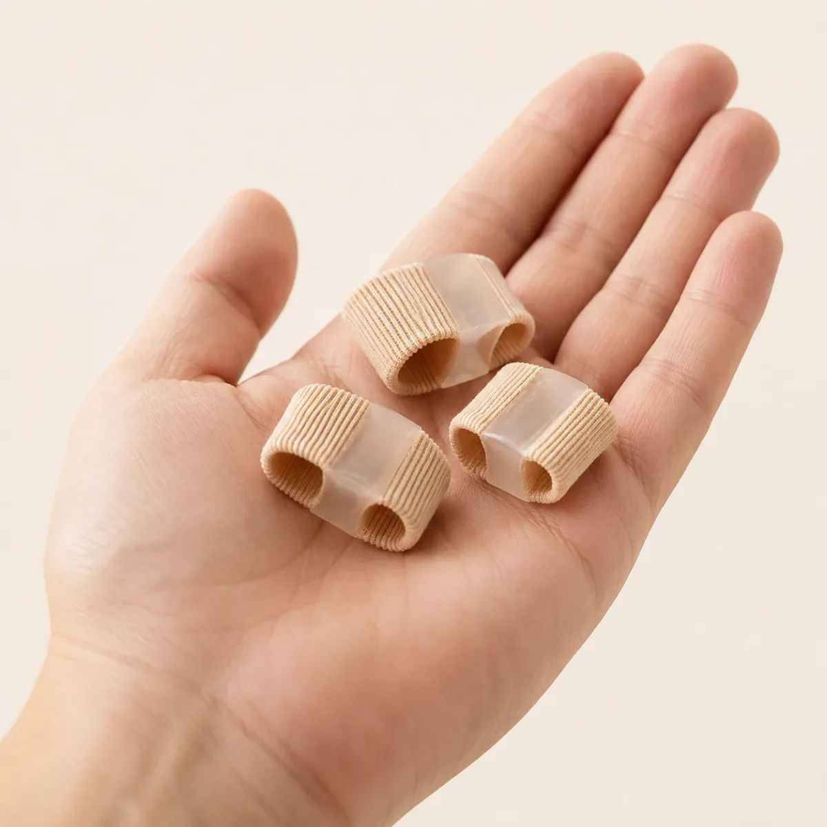 Three beige fabric separator tubes resting in an open palm, showing how small they are