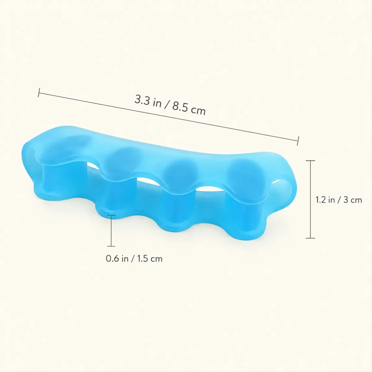 Dimension diagram of the ToeRoom gel toe spacer: 3.3 in wide, 1.2 in tall, 0.6 in thick