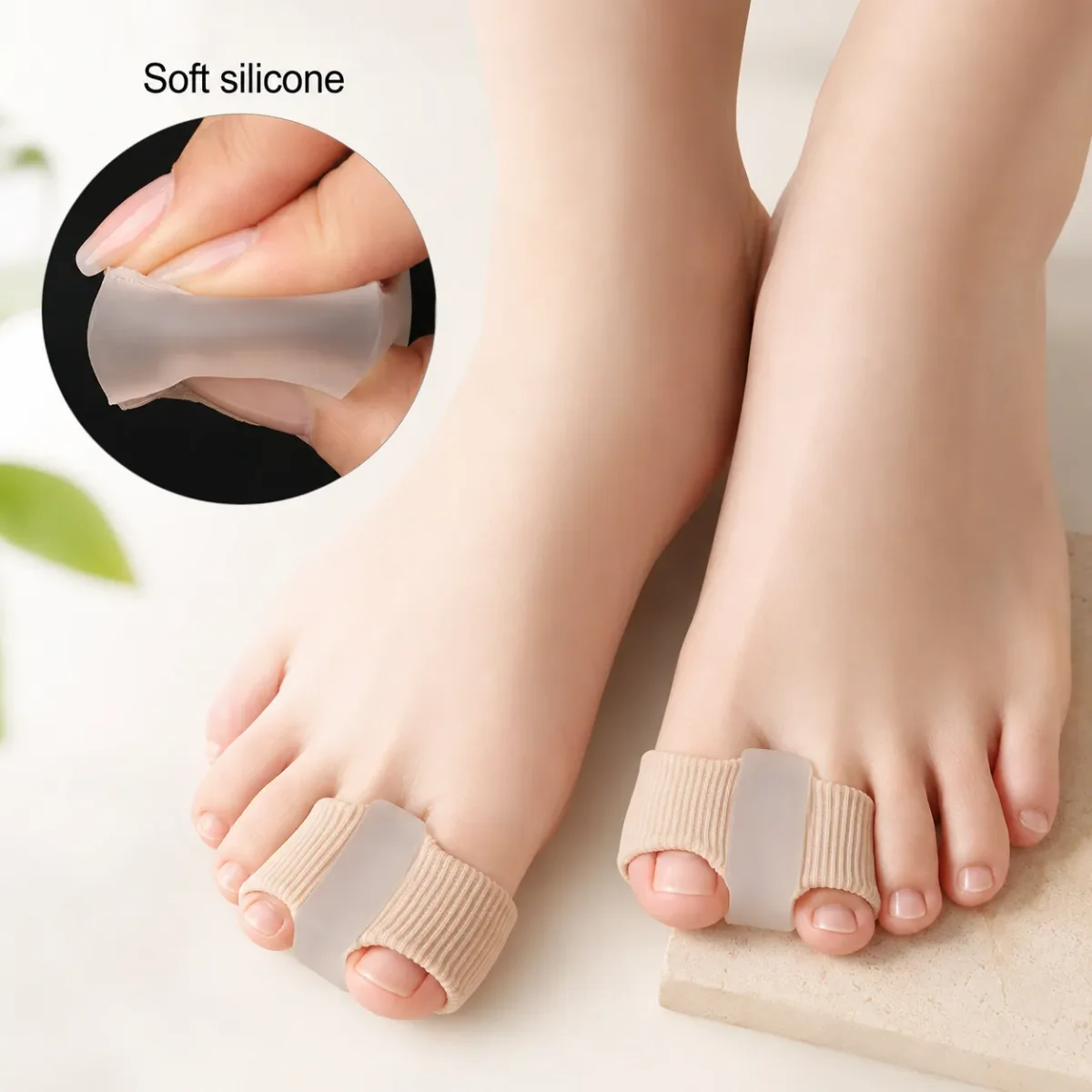 Feet wearing beige fabric separator tubes on a soft cream background